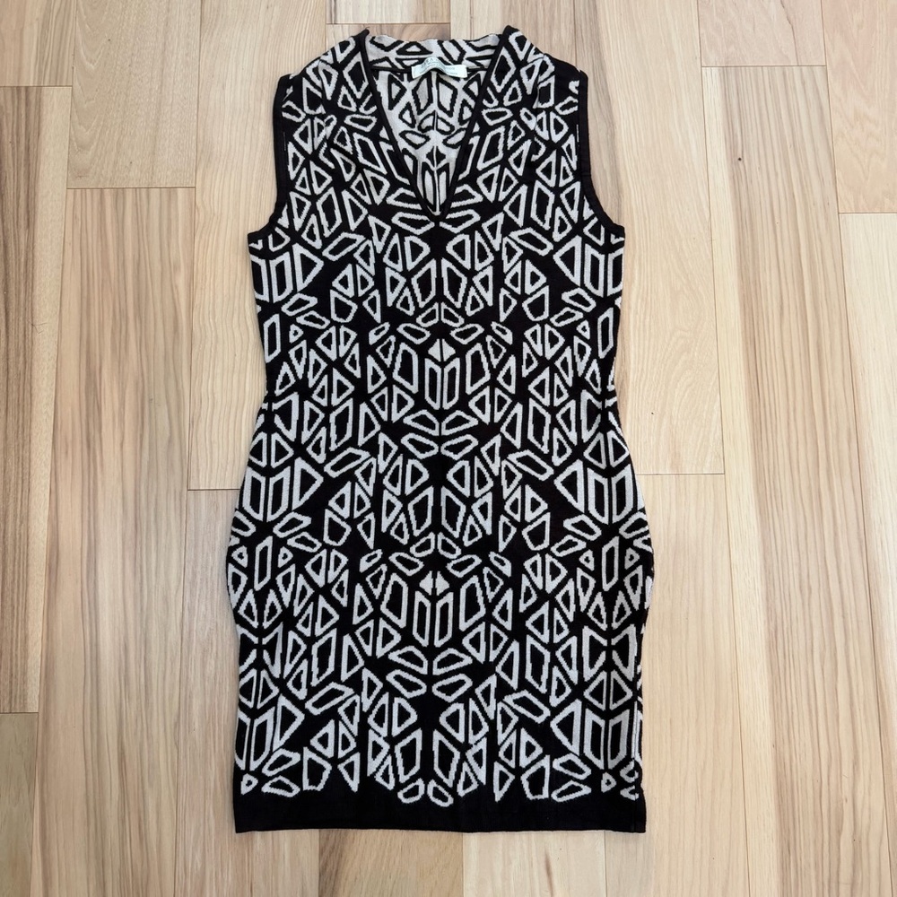 Brown and tan Zara geometric print dress sz M knit stretch #geometricprint